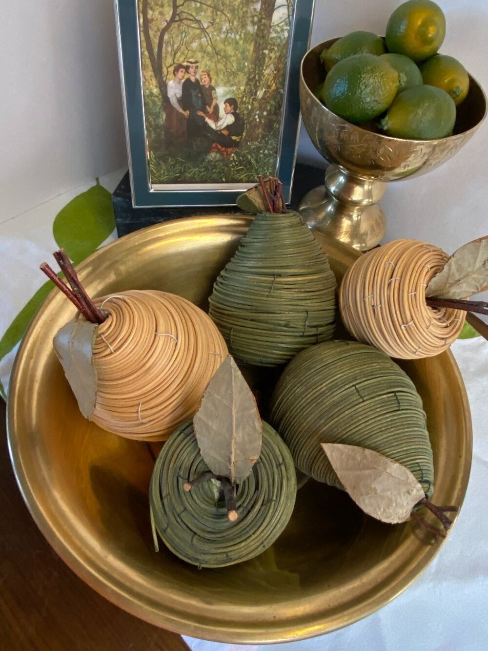 Decorative Faux Green & Yellow Boho 3 Pears & 2 Apples of Wicker/Rattan